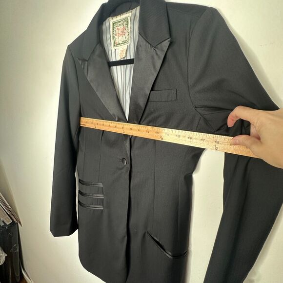 Flying Tomato Black Long One-Button Tuxedo Blazer Satin Trim Lapel & Pockets M - Picture 9 of 12